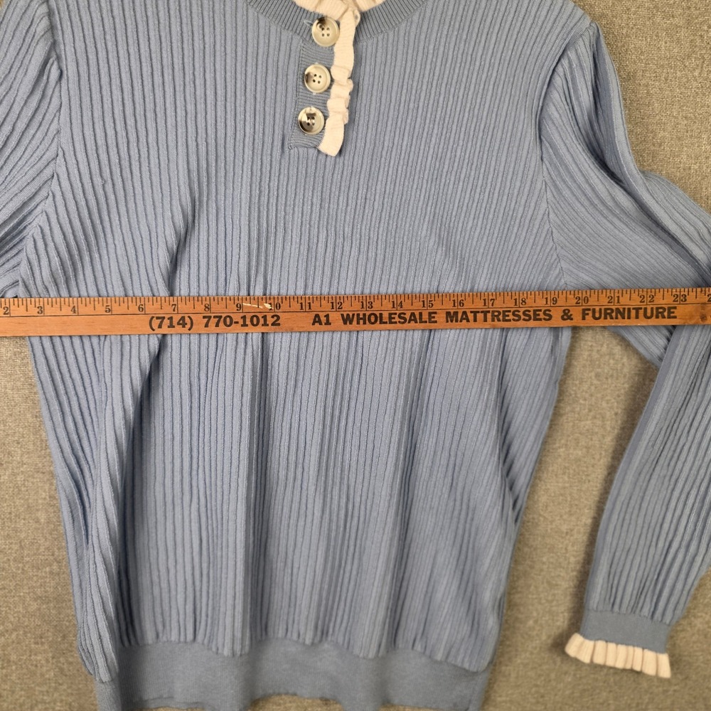 Arach & Cloz Womens Blue Ribbed Ruffle Trim Henley Sweater Top Size L - Picture 4 of 9